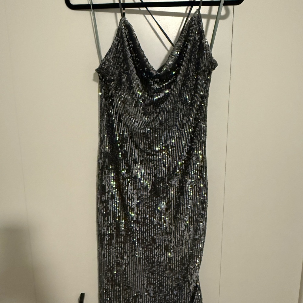 Bardot Gray Sequin Mini Dress with Cowl Neck and Spaghetti Straps